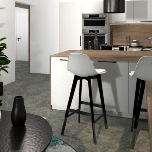 Obývací pokoj s kuchyní - návrh v programu SketchUp + render Vray - pohled na kuchyň