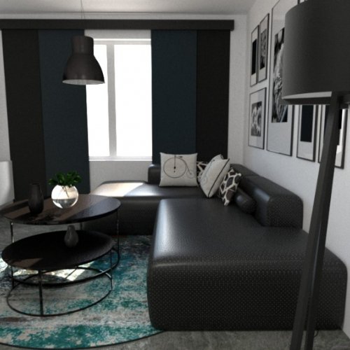 Obývací pokoj s kuchyní - návrh v programu SketchUp + render Vray - pohled na obývací část